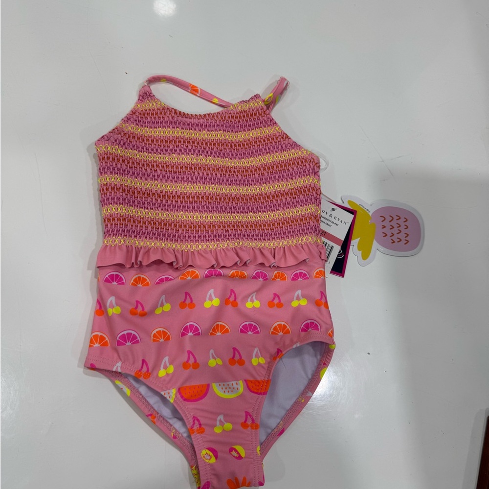 Andy & Evan Pink Striped Smocked Fruit One-Piece Swimsuit